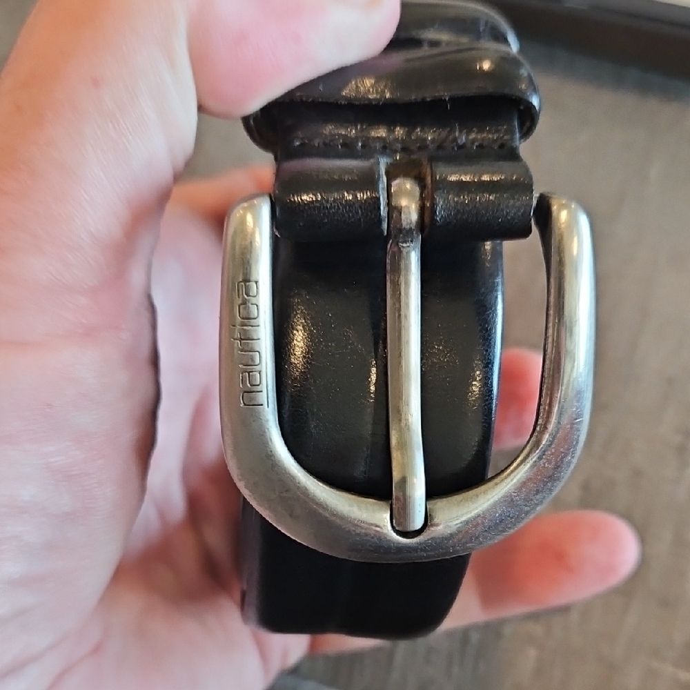 Nautica Black Leather Belt with Silver Buckle